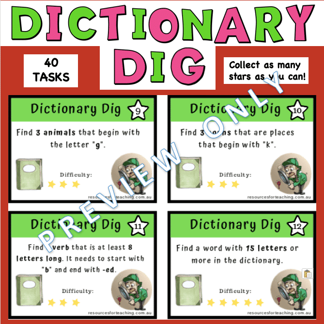 Dictionary Dig Task Cards Resources for Teaching Australia